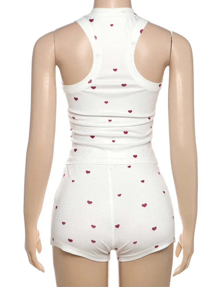 Comfortable Heart Print 2 Piece Set Women Square Collar Sleeveless Crop Tops+Stretch Shorts Sweet Fashion Outfits