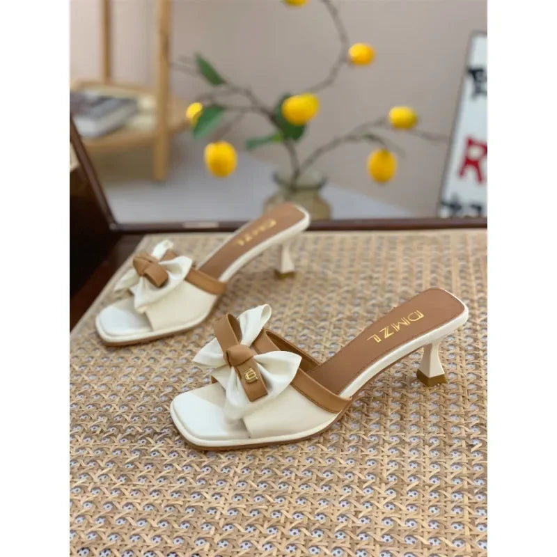 Fashionable Bow Tie Square Toe Slim Heel Women's Shoes