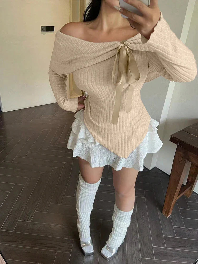 Plus Size Womens Solid Colour Strapless Long Sleeve Simple T Shirt Spring Daily Casual Dress Up Cute Wind Pure Colour Polyester