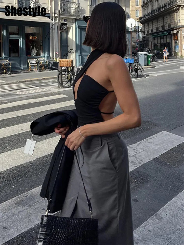 Cross Spaghetti Strap Black Bodysuit Women Cleavage Backless Sexy Solid Camisole Thong