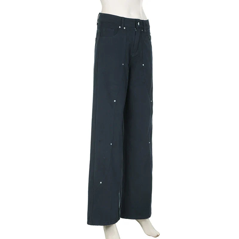 Casual Loose Rivet Jeans Wide Leg Pants Basic Low-Waisted Straight Pants Streetwear