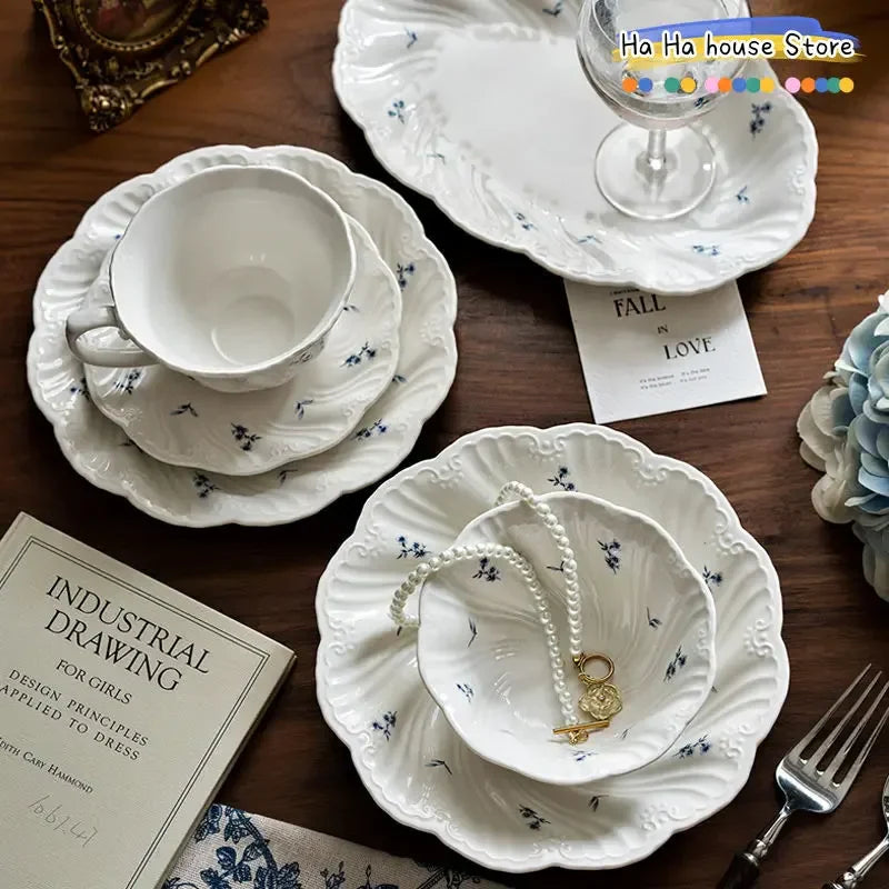 Ceramic Floral Bowl Dish Set Oval Plate New French Medieval High-end Cup Dish Set