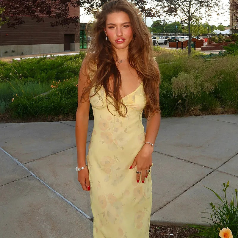 Women's Floral Cami Dress Slim Tie Bow Deep V Neck Backless Ruffle Spaghetti Strap Long Bodycon Dress