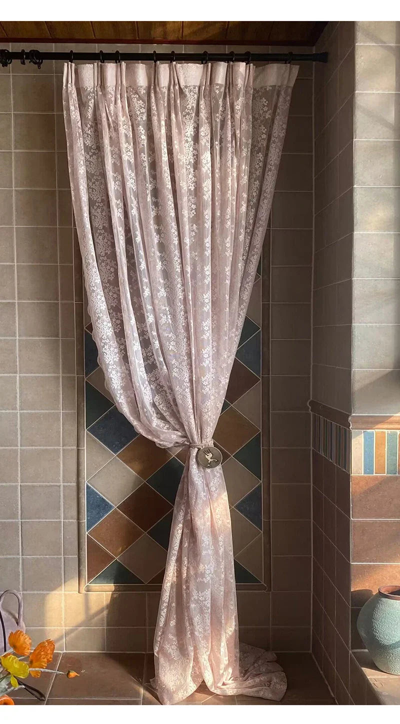 Flower Pink Sheer l French Romantic Jacquard Lace Macrame Tulle Curtain