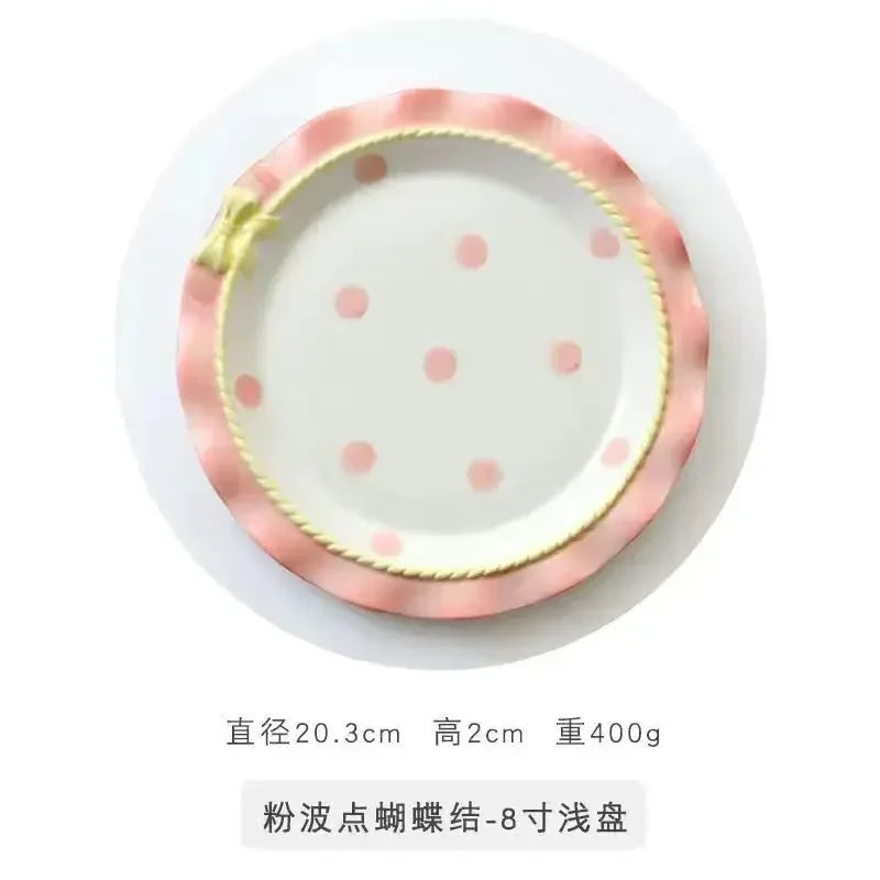 Heart-shaped Bow Wavy Edge Ceramic Dinnerware Set Ideal Cake Presentation,  Princess Pastry Platter, Lace-edged Rice Bowls