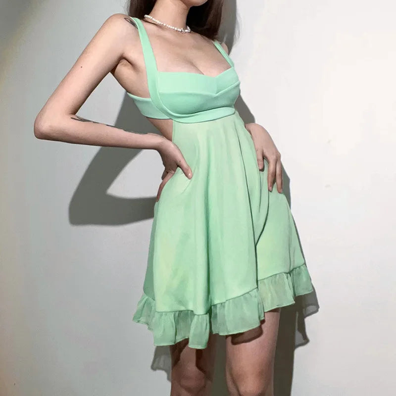 Solid Color Cutout Slim Sling Dress Sexy Backless Ruffle Dress Female
