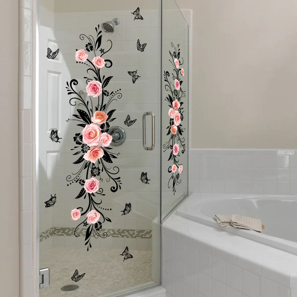 Pink Rose and Black Butterfly Glass Wall Sticker Cozy Living Room Bathroom Bedroom Double Sided Visible Self Adhesive Sticker