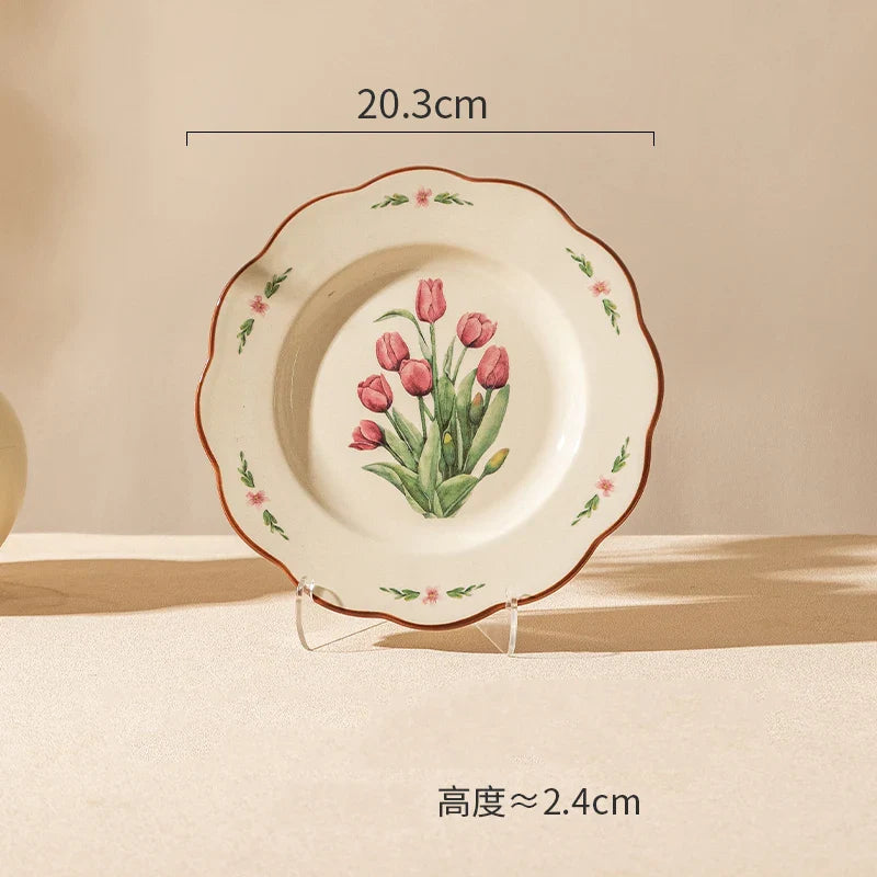 Retro Tulips Flower Ceramic Light Luxury Exquisite Dessert Plate