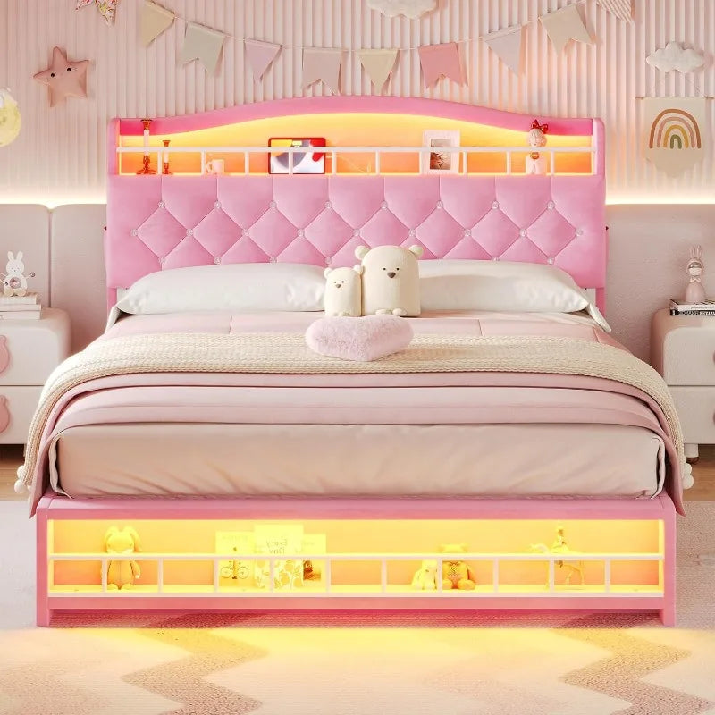 Pink Full Size Girls Bed with LED Lights & Charging Station, Princess Full Size Bed Frame with Hidden Storage Headboard
