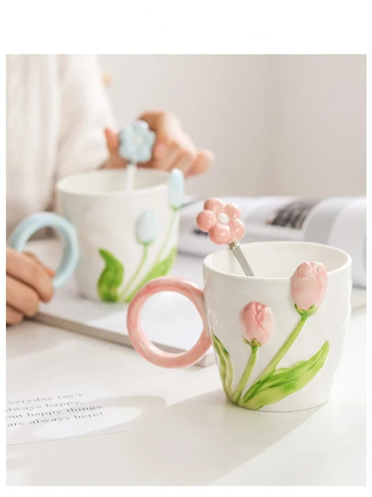 Tulip Flower Ceramic Mug Three-dimensional Design Creative Girl Heart Cup