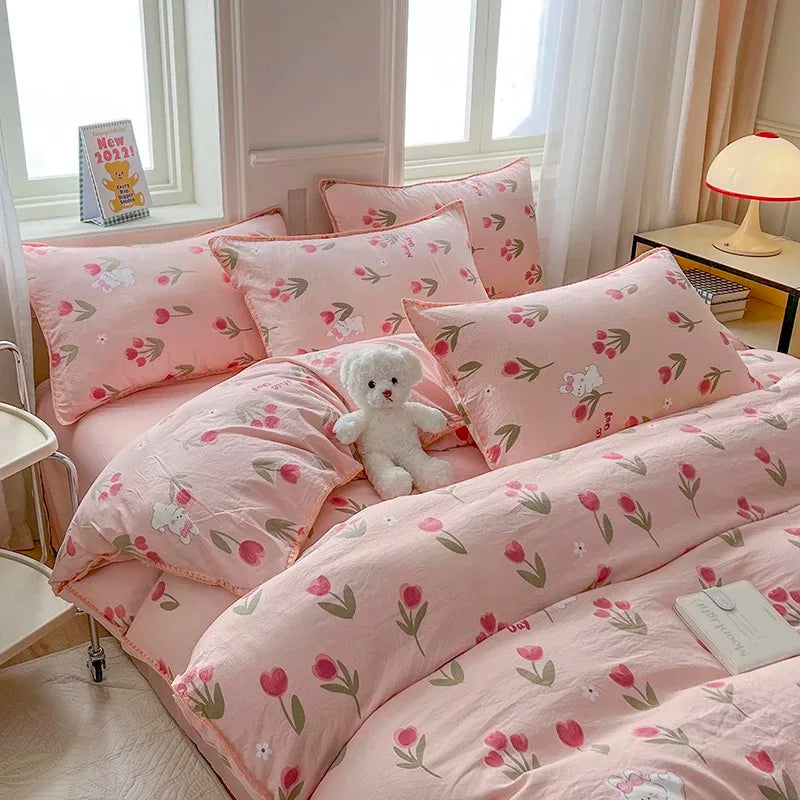 Tulip Double Layer Yarn Quilt Cover Bed Sheet Pillowcase Bedding Set Girls Duvet Cover Set No Filler
