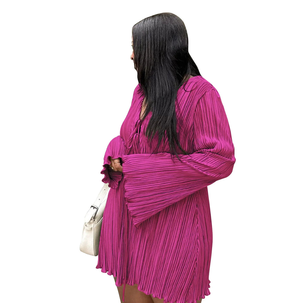 Long Sleeve Women V-neck Pleated Dress Casual Streetwear Plus Size Mini Dresses Party Casual