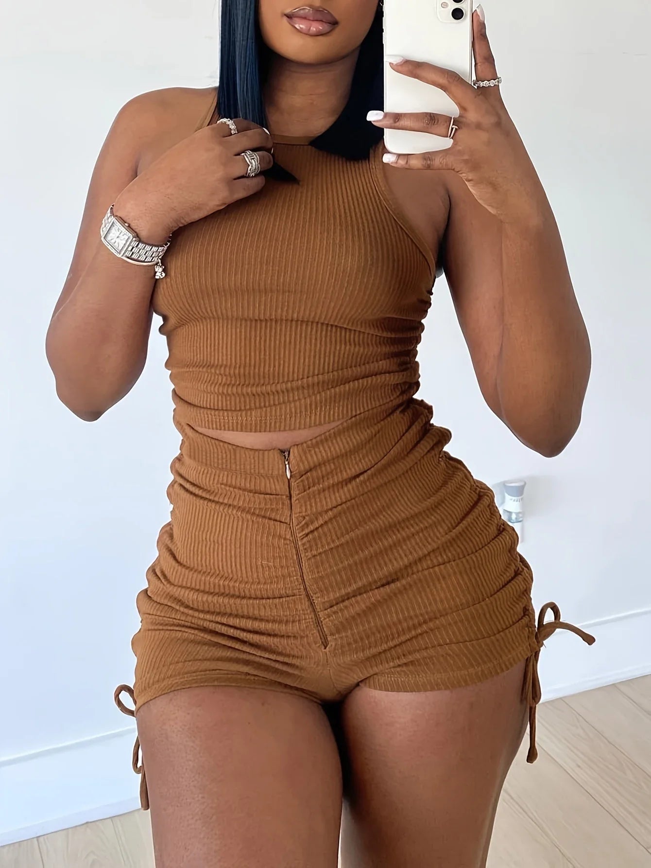 Plus Size Rib Knit Ruched Drawstring Shorts Set Summer High Elasticity Women's Set Tank Top and Ruched Shorts Two Piece Set