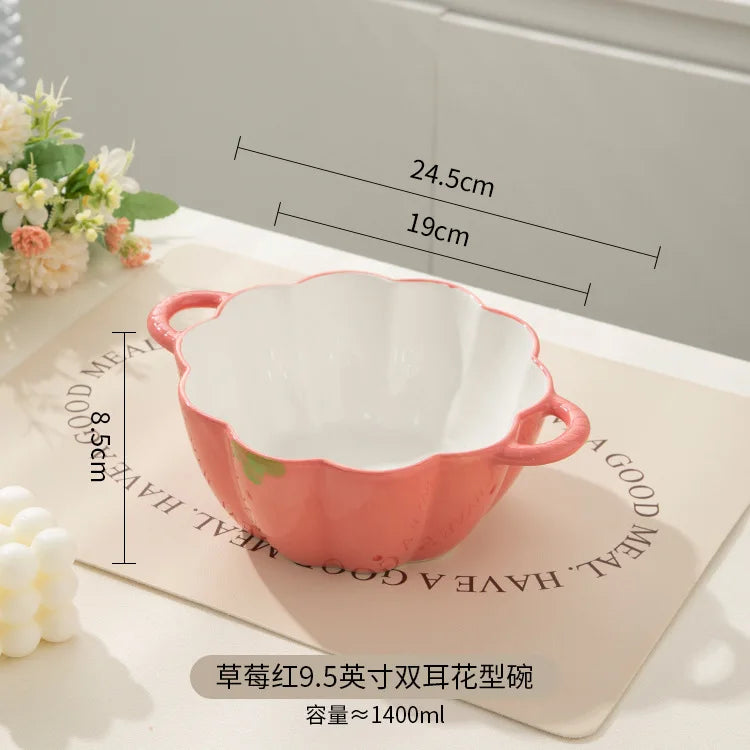 Strawberry Double Ear Ceramic Bowl,Cream 6.5-inch 9.5-inch Soup Bowl with Handle Home