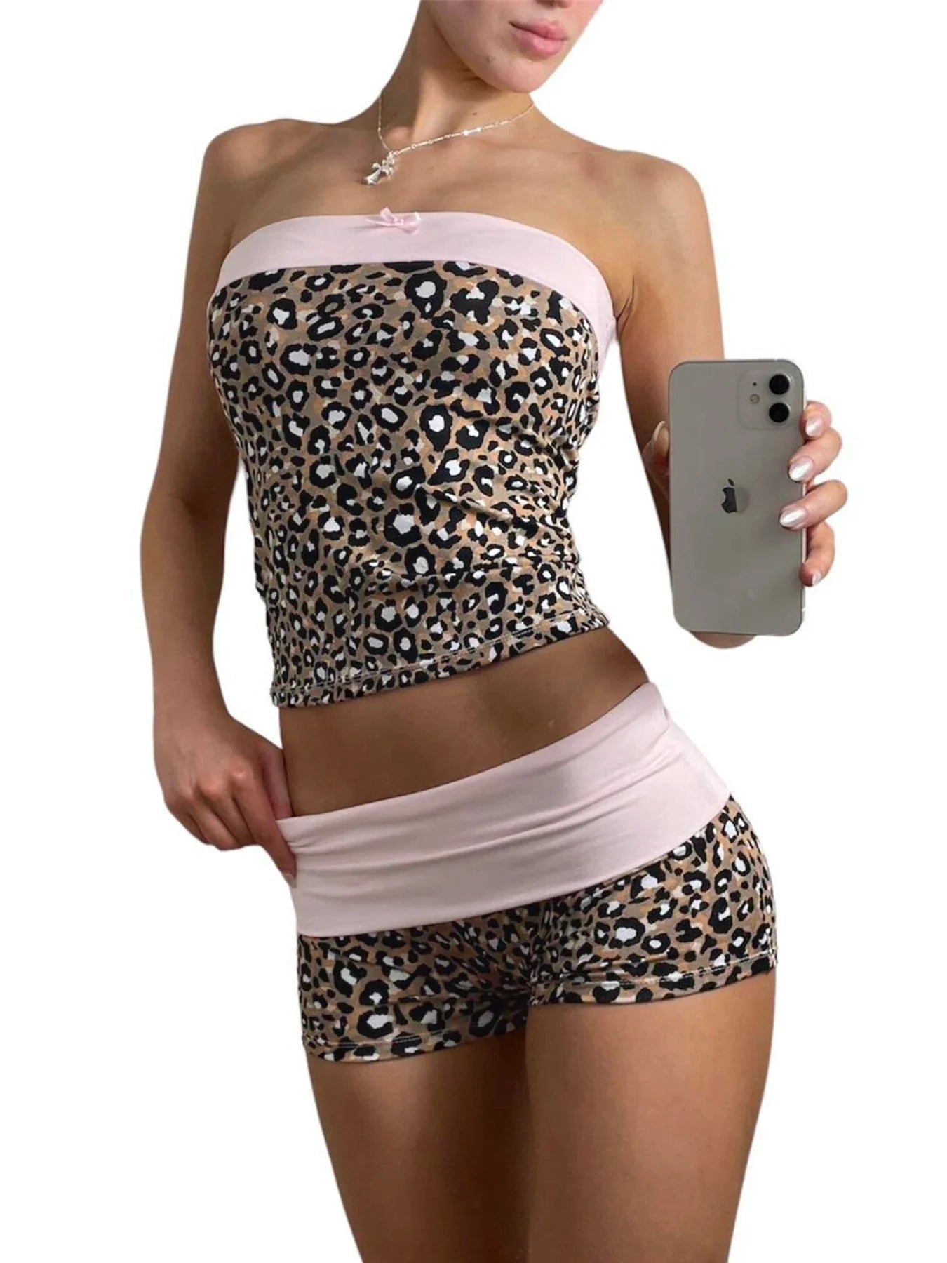 Leopard Print Patchwork Slim Two Pieces of Sets for Women Tube Tops and Low Waisted Shorts Suits Vintage Y2K Cloth