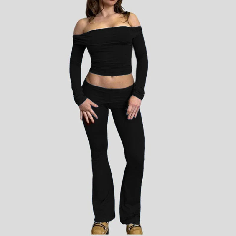 Slash Neck Top and Casual Pants Sets Women's Two Pieces Of Outfits Streetwear Solid Fashion Y2K Basic Slim Clothes