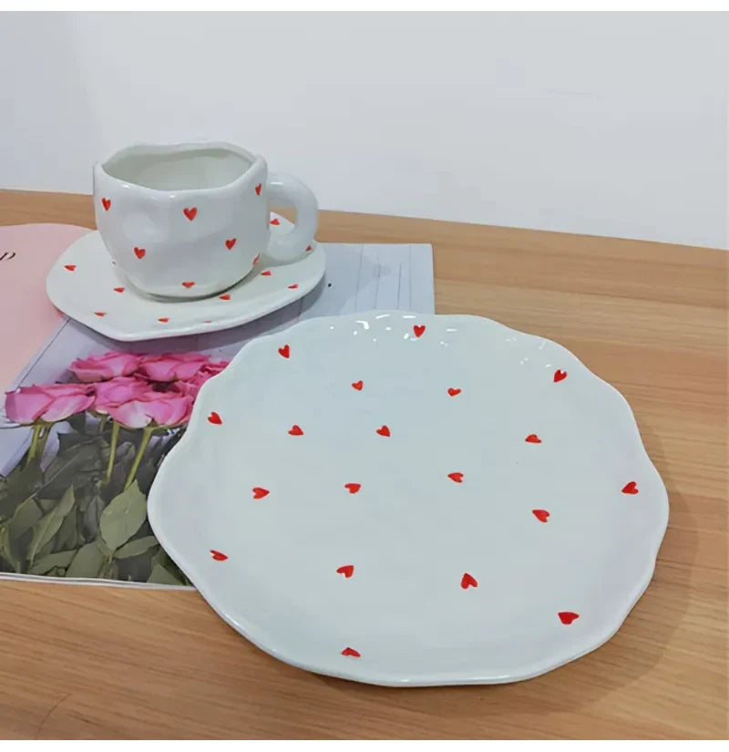 Red Hearts Ceramic Hand-Made Irregular Shaped Porcelain Plates