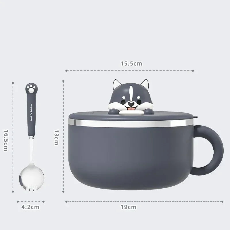 Ramen Bowl with Lid Cute Shiba Inu Stainless Steel Instant Noodle Cooker with Water Filter Cover Kitchen Accessories 1200ml