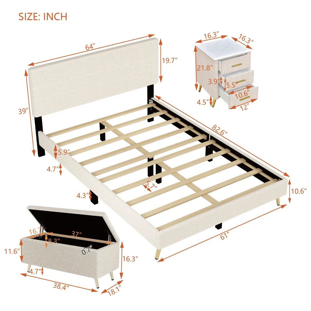 Pink 2 Pieces Bedroom Sets Queen Size Upholstered Bed Frame, Modern Corduroy Storage Ottoman