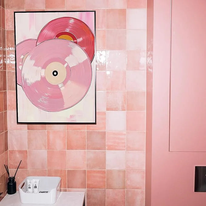 Retro Vinyl Rotation Art - Pink Record Disc Trio Frameless Decorative Painting for Music Lover's Wall