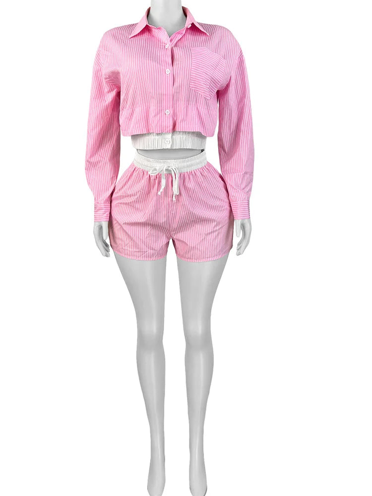 Casual Striped Buttoned Long Sleeve Shirt Top And Matching Shorts Set For Women Trakcksuits 2 Piece Co Ord Sets