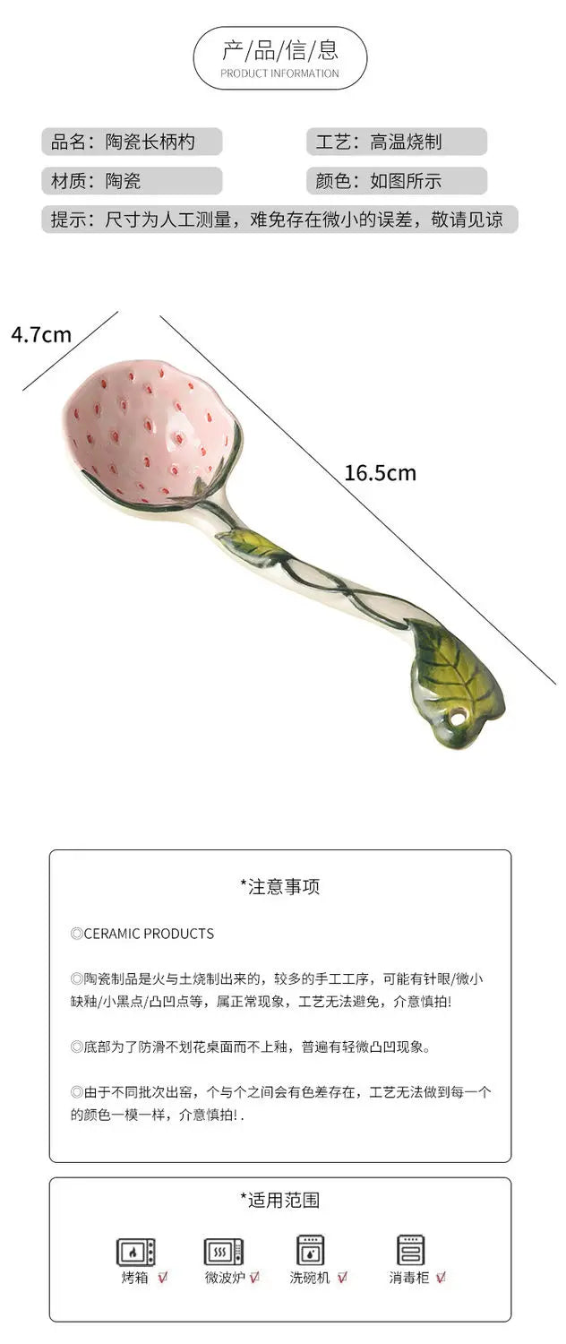 Strawberry Ceramic Spoon, Watermelon Panda Underglaze Household Cute Long Handle Children Eat Dessert Spoons Tableware
