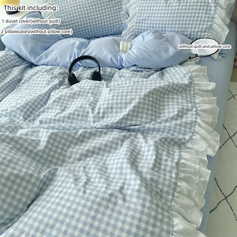 Plaid 3pcs Printed Bedding Set Lace Duvet Cover And 2pcs Pillowcases (no padding)
