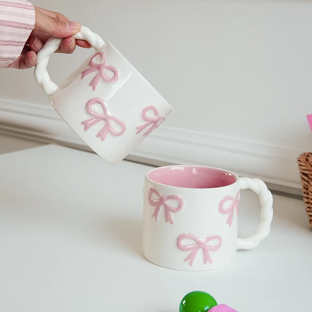 Pink Bow Ceramic Mug, Twist Handle Ceramic Mug, Exquisite and Simple Pink Embossed Mug