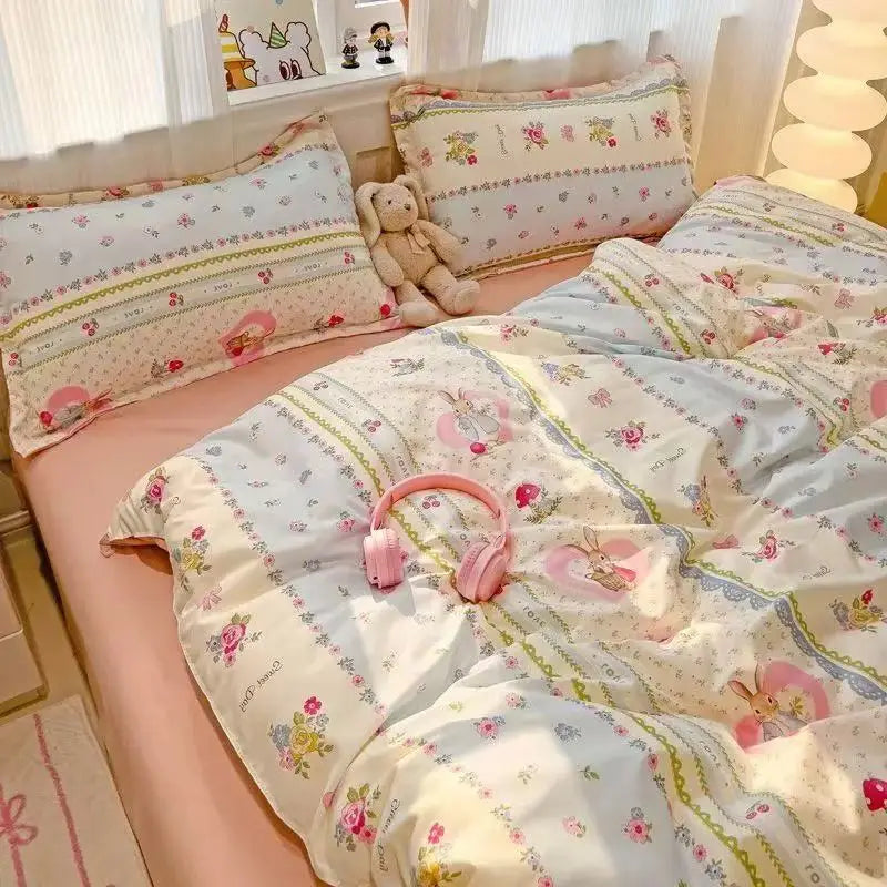 Cute Girls Bedding Sets Soft Flat Sheet Duvet Cover Pillowcase Polyester Bed Linen Twin Queen Full Size Quilt Cover Set