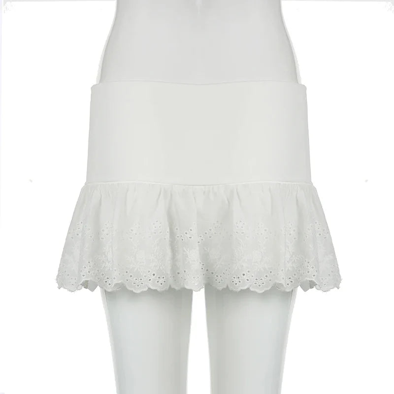 White Lace Pleated Skirt with Shorts Cute Coquette Low Rise Patchwork Super-short Mini Skirt