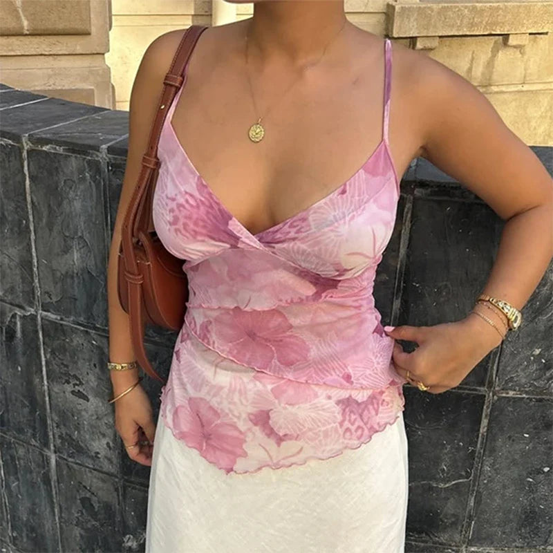 Ladies Boho Backless Tank Tops Coquette Tie Dye Print Camisole V Neck Sleeveless Crop Tops