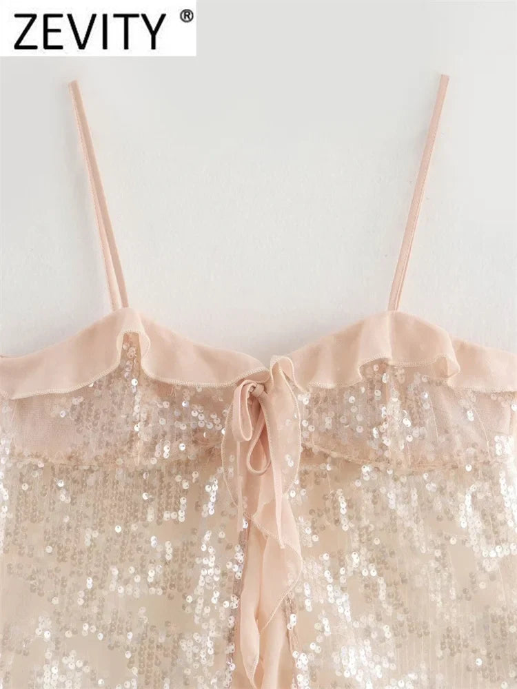 Women Chic Pleat Ruffles Sequined Design Chiffon Sling Camis Tank Lady Backless Short Crop Shirt Blouse Tops