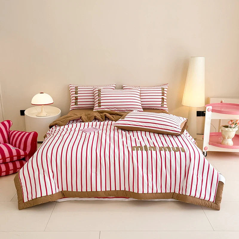 Stripe Quilt set Pink And White Bedding Set with Flat Sheet Set Soft  Fluffy Embroidery Quilt Set