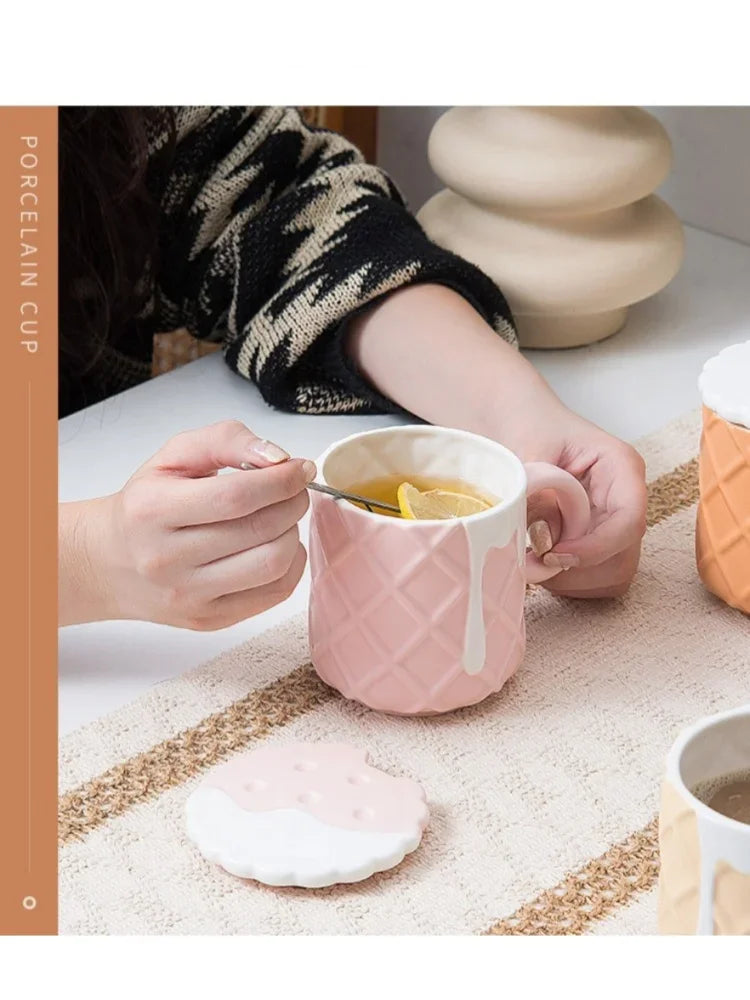 Kawaii Biscuit Pattern With Lid And Spoon Ceramic Cups Cute Cup Drinkware