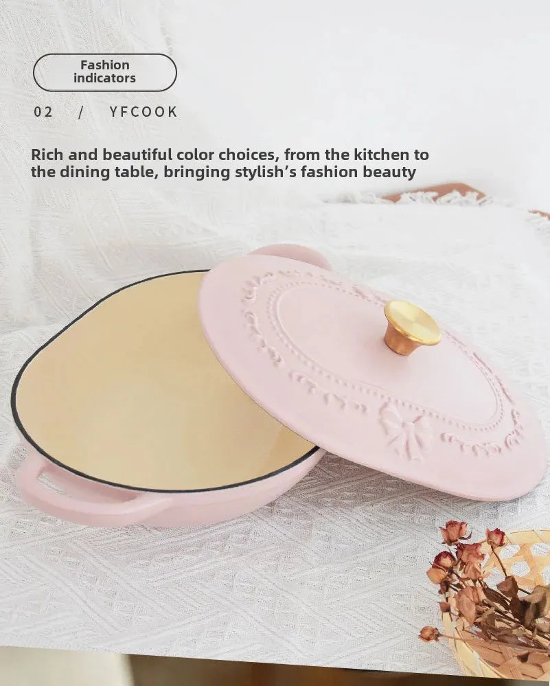 French Romantic Pink Kitchen Enamel Pot Embossed Elliptical Cast Iron Pots Home Stew Pot Grilled Fish Induction Cooker Soup Pots