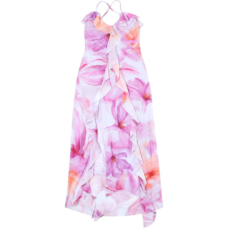 Flower Print Woman Summer Strapless Splits Irregular Tassel Patchwork Backless Skinny Dress