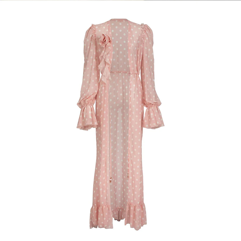 Pink Dot Print Cover-Ups Sexy Bikini Set Bathing Suit Swimming Mesh Dress