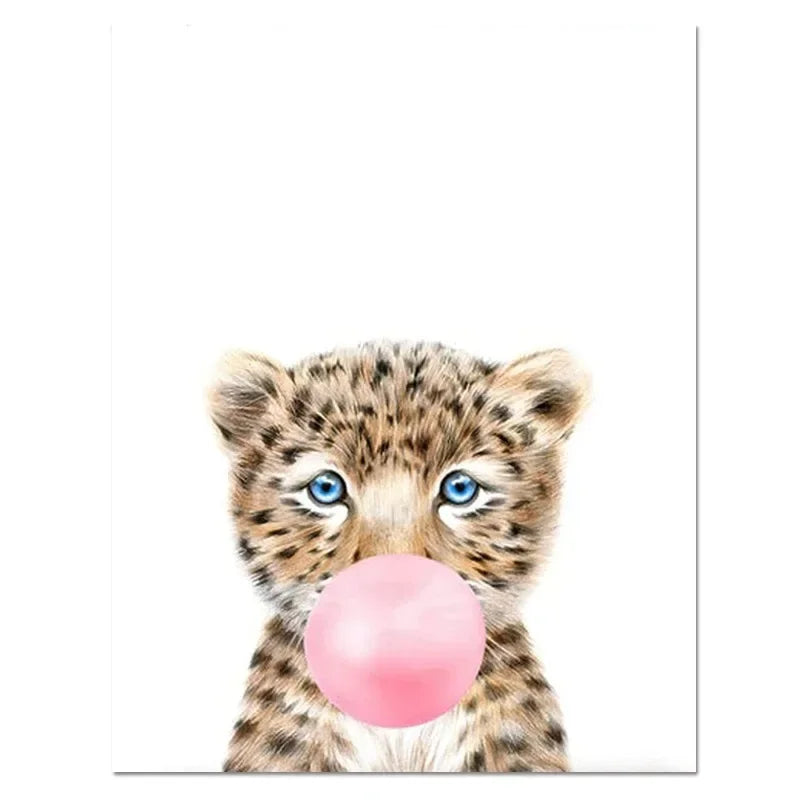 Kawaii Pink Bubble Gum Wall Art Canvas Painting Giraffe Poster Nursery Print Nordic  Animal Kids Pictures Baby Room Decor Tiger