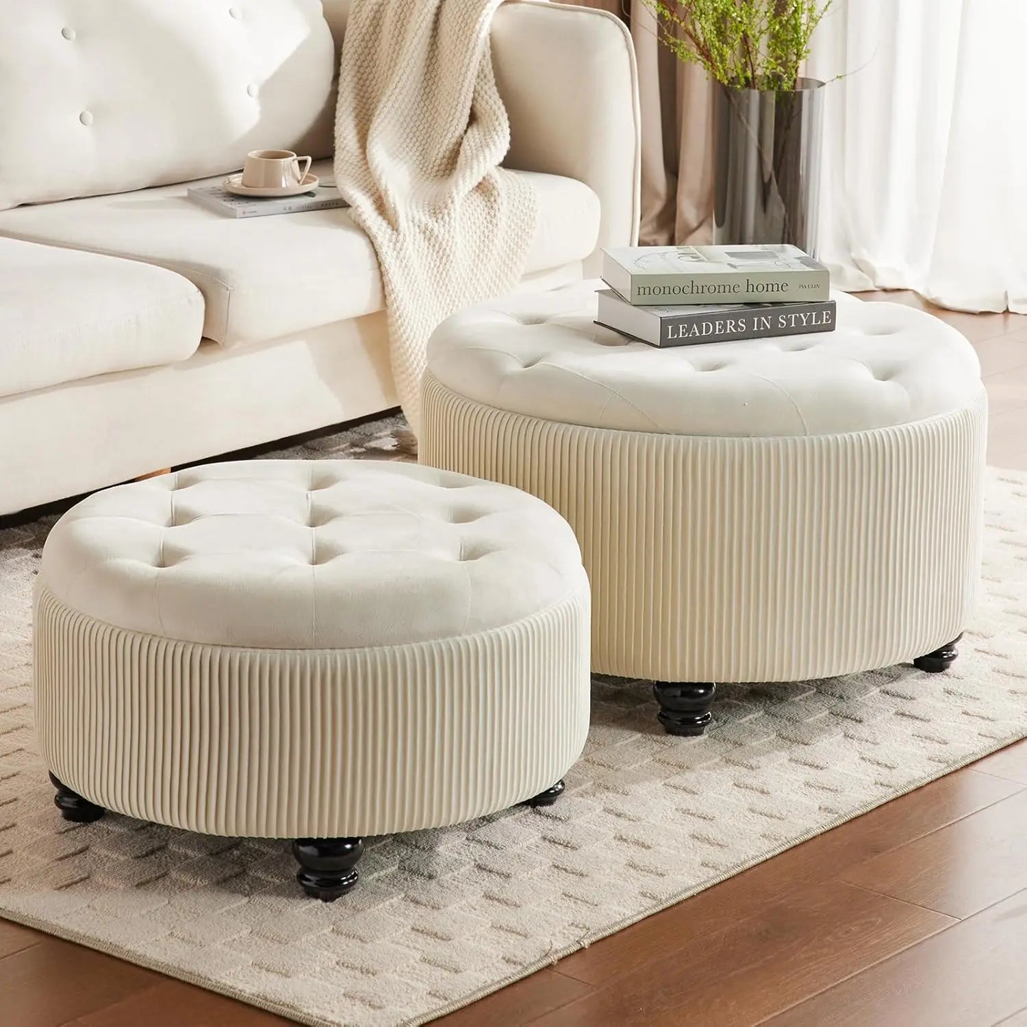 Round Ottoman with Storage Set of 2 Upholstered Velvet Vanity Stool for Living Room Ottomans Multifunctional Foot Rest