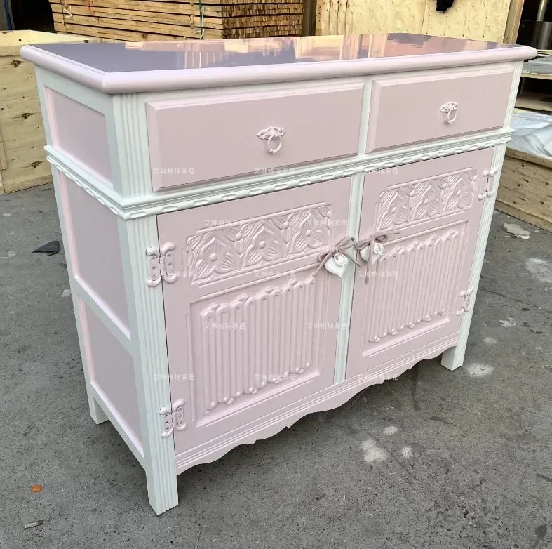 French Solid Wood Carving Flower Bookcase Dining Side Pink Princess Cabinet