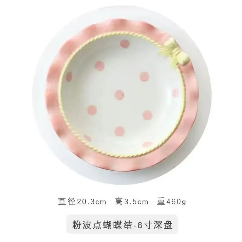 Heart-shaped Bow Wavy Edge Ceramic Dinnerware Set Ideal Cake Presentation,  Princess Pastry Platter, Lace-edged Rice Bowls