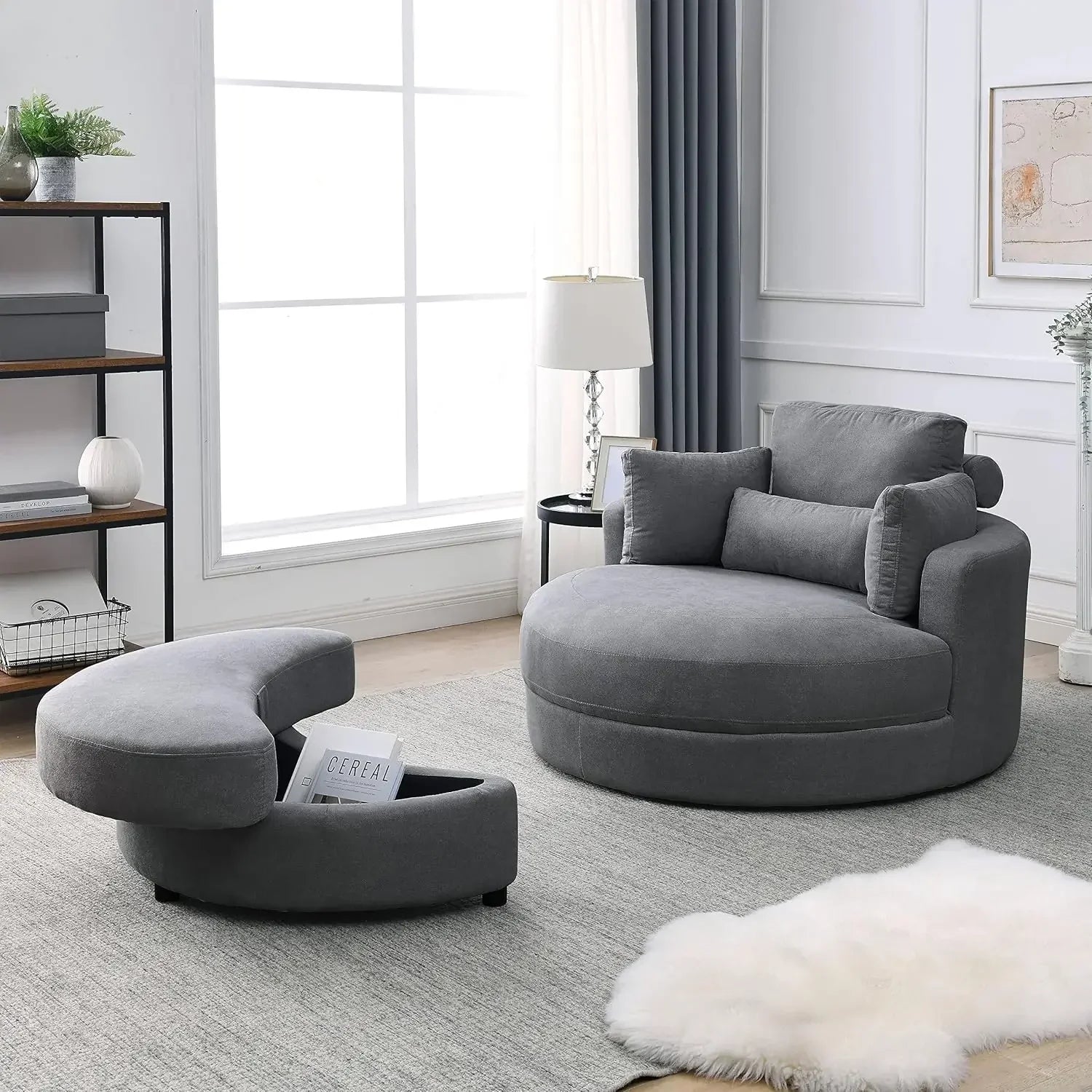 Swivel Book Nook Chair with Storage Ottoman and 4 Movable Pillow Backrest, 360° Rotating Round Barrel Sofa Chair