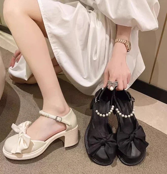 Ladies Luxury Bow Pearl With Medium Heels Mary Jane Shoes