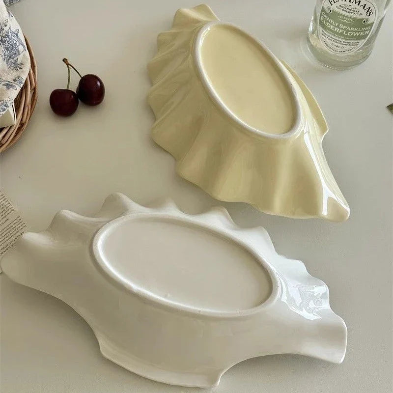 French Vintage Relief Ceramic Big Shell Shaped Dish