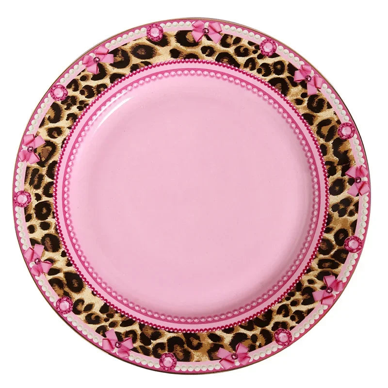 Pink Heart Shaped Dining Plate, Breakfast Tray, Ceramic Lace, Leopard Pattern Tableware, Afternoon Tea Salad Dessert