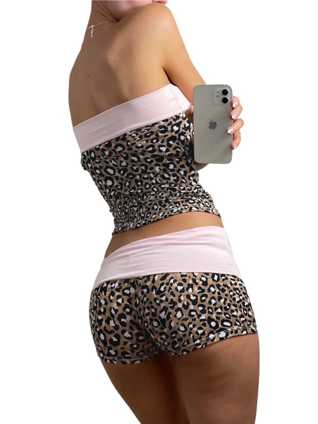 Leopard Print Patchwork Slim Two Pieces of Sets for Women Tube Tops and Low Waisted Shorts Suits Vintage Y2K Cloth