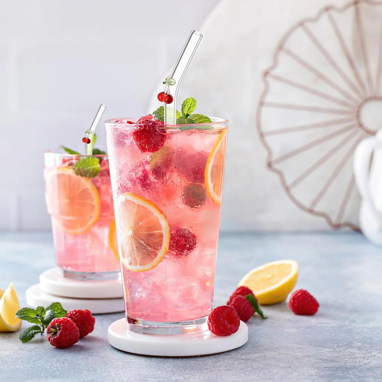 Cherry Design Reusable Straws Clear Glass Straws Colorful with 1 Cleaning Brush