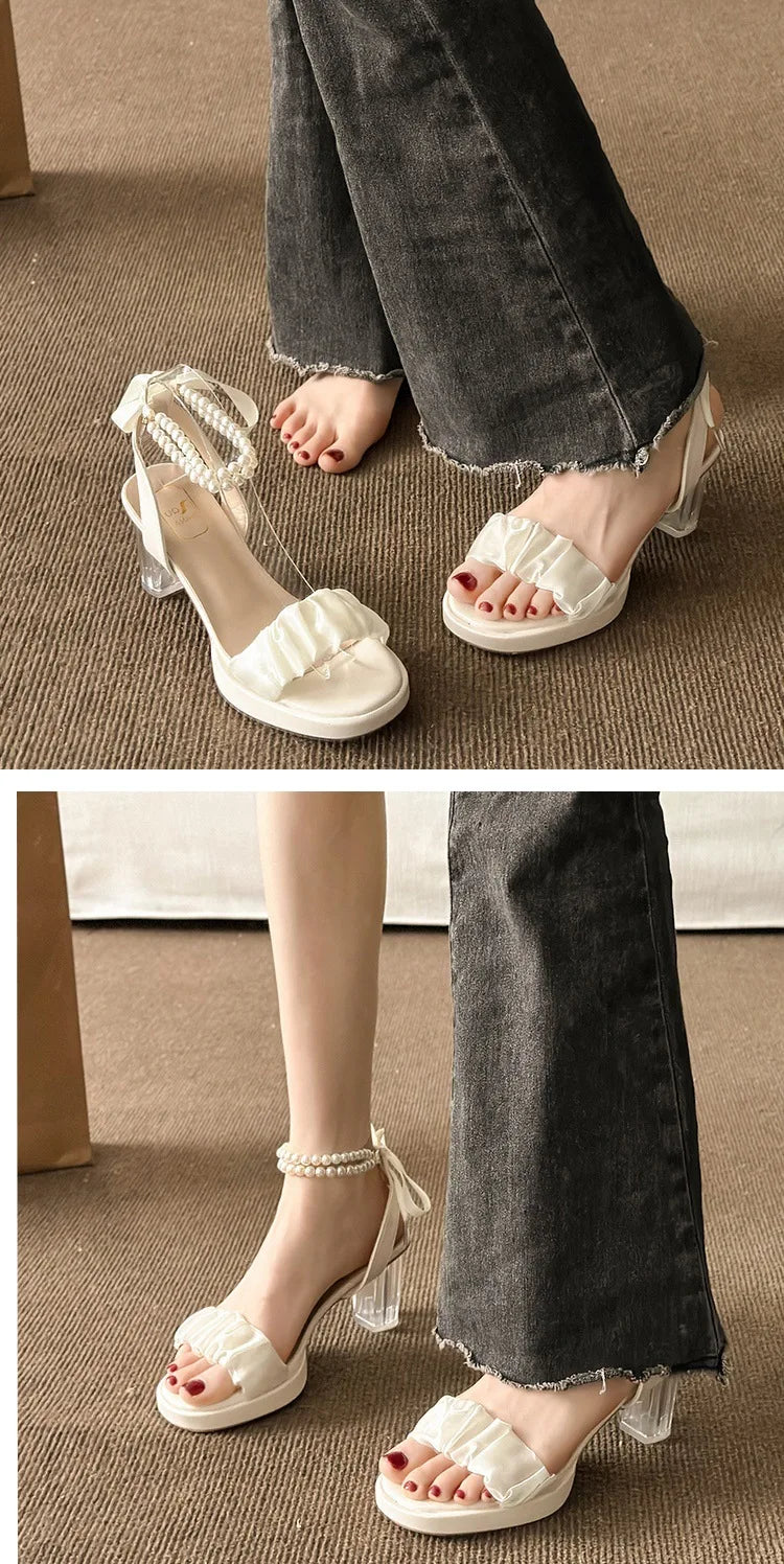 Women's Fashion Crystal Pearl High Heels Sandals