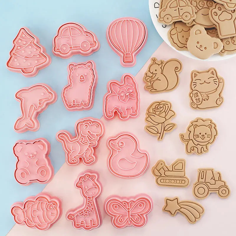 Cookie Cutters Plastic 3D Cute Cartoon Pressable Biscuit Mold Cookie Stamp Kitchen Baking Pastry Bakeware 8 Pcs/set
