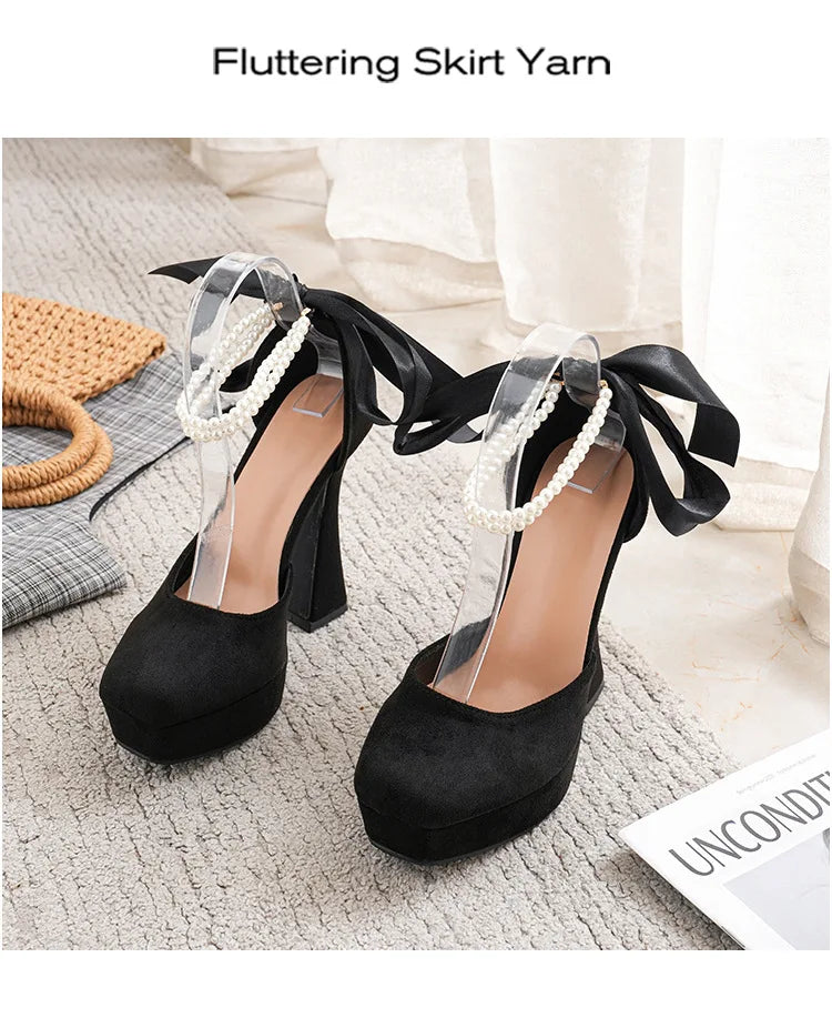 Fashion Super High Heels Sandals Bow Buckle Square Head Heels Ladies Shoes